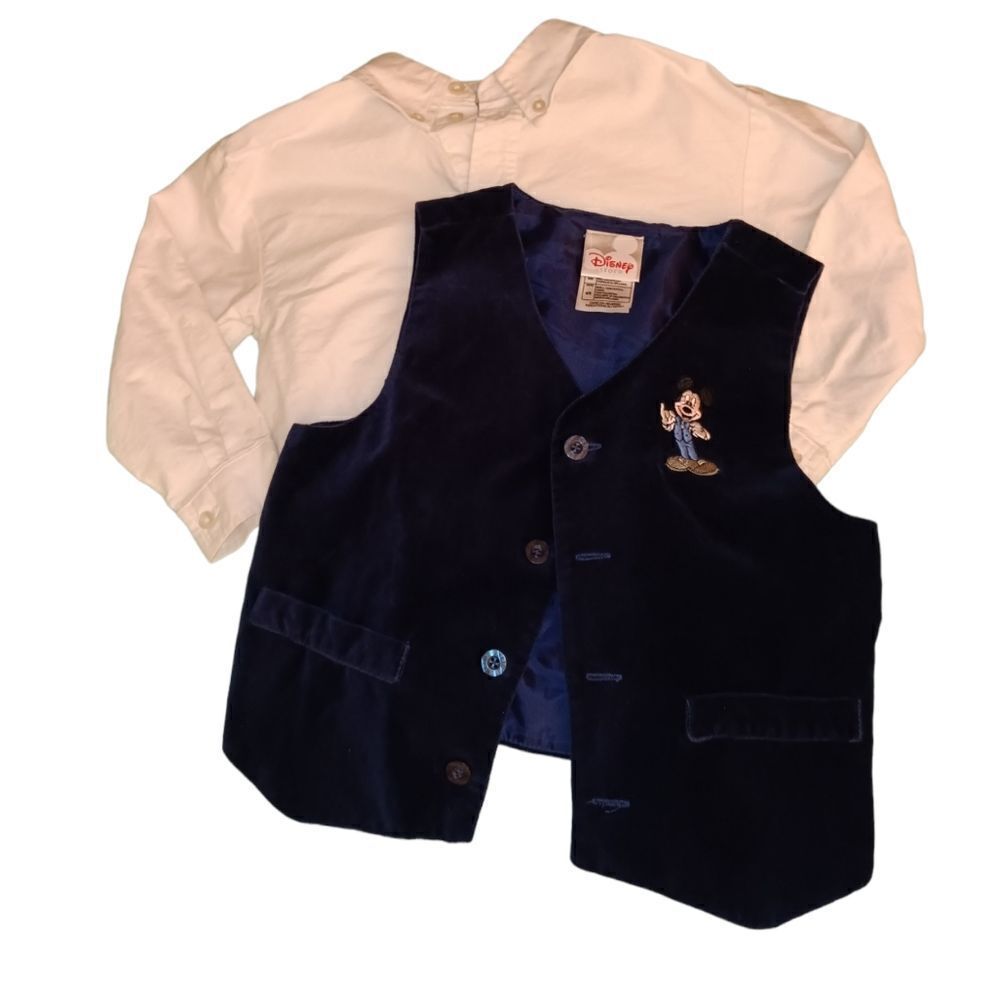 Disney Mickey mouse blue velvet‎ vest and matching white dress shirt size 4/5